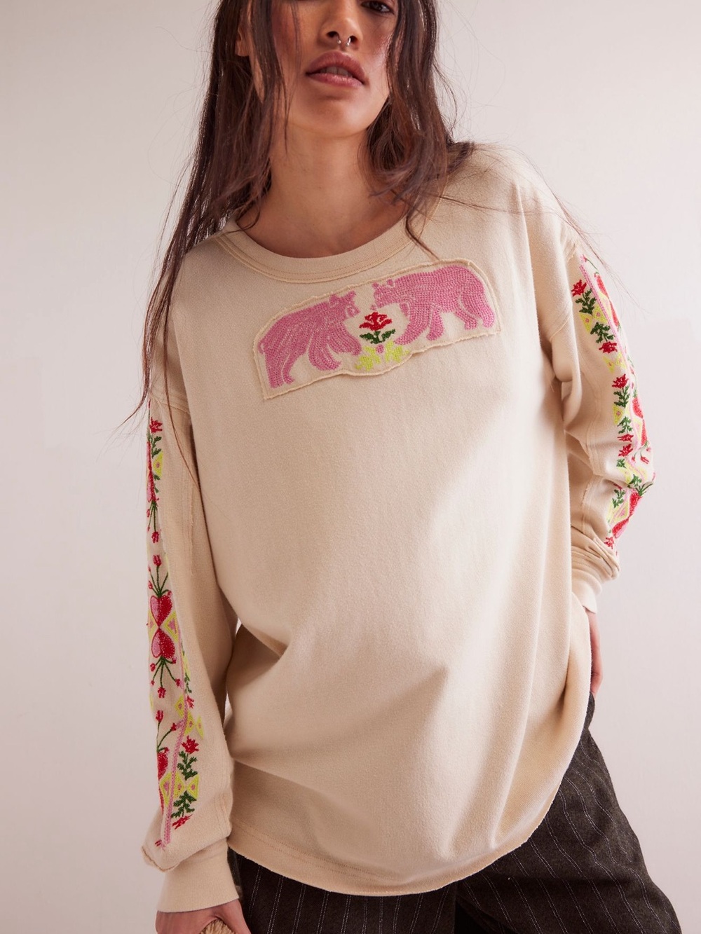 NWOT Free People We the Free All My Heart Embroidered Long Sleeve Tee